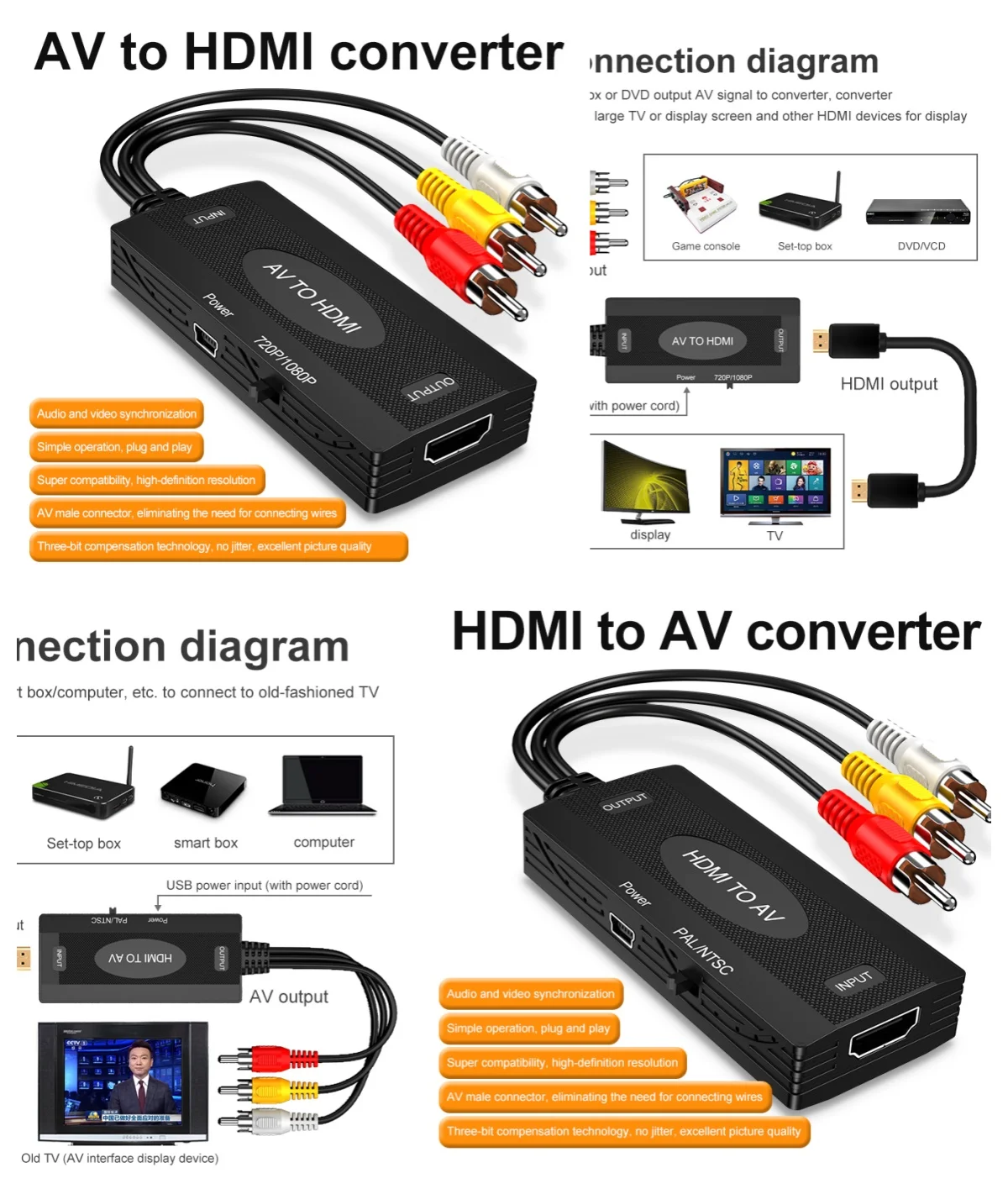 

Hot 1080P AV to HDMI to AV With Cable 1080P Surveillance Camera Set-top Box to TV Monitor Projector AV to HDMI Adapter Cable