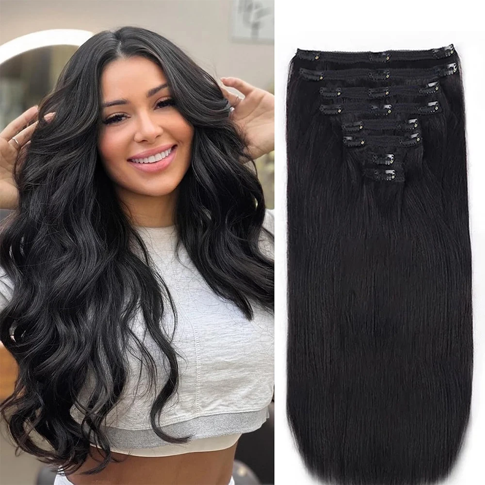 스트레이트 클립 인 헤어 익스텐션 인모 풀 헤드 브라질 클립, 천연 헤어 클립, 인스 26 인치, 120G 레미 헤어, 8 개 세트