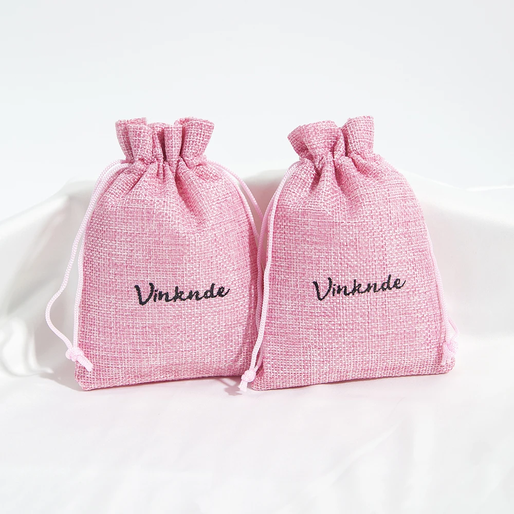 Pink Personalized Logo Burlap Gift Drawstring Bag Reusable Small Jewelry Packaging Natural Linen Jute Wedding Favor Gift Pouches