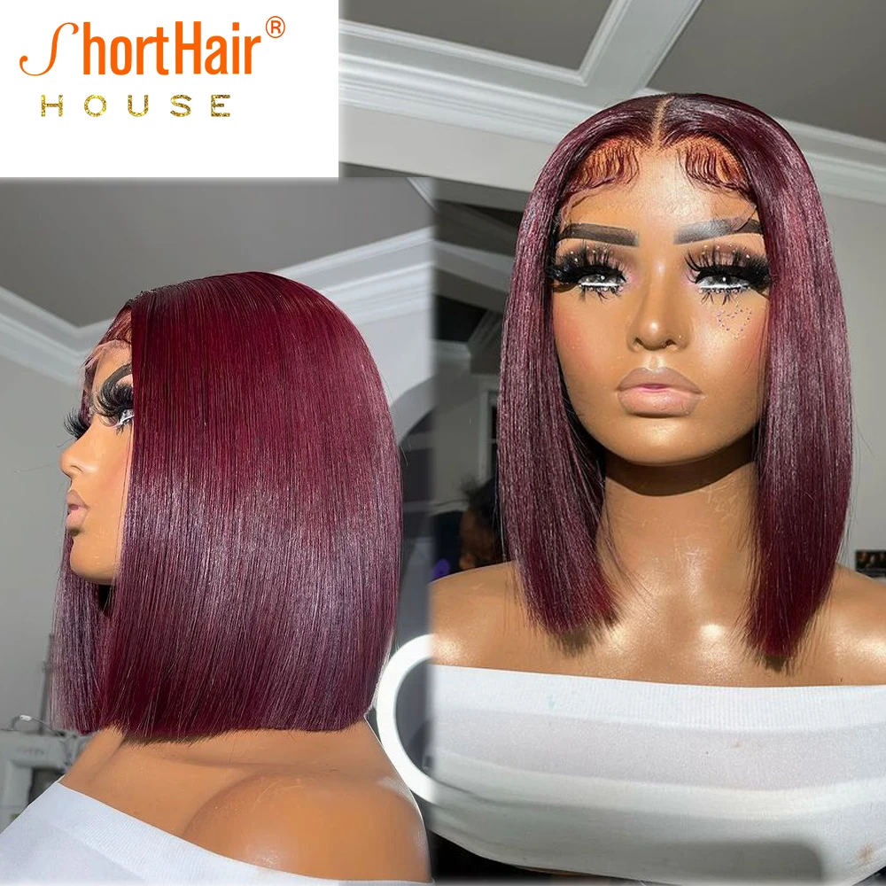 Burgundy Color Silky Bob Wigs Bone Straight Bob Human Hair Wig Ginger Orange Transparent 13X4 Lace Frontal Wig Human Hair Wigs