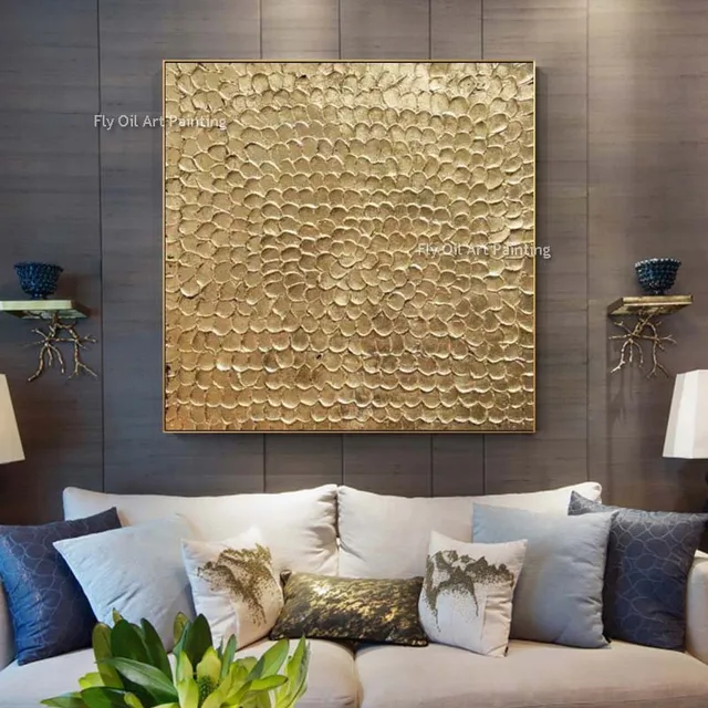 Gold Leaf Wall Art Canvas Painting Handmade Golden Textured Oil Painting Gold Metal Shine Wall Art Decor Glossy Gold Artwork 2