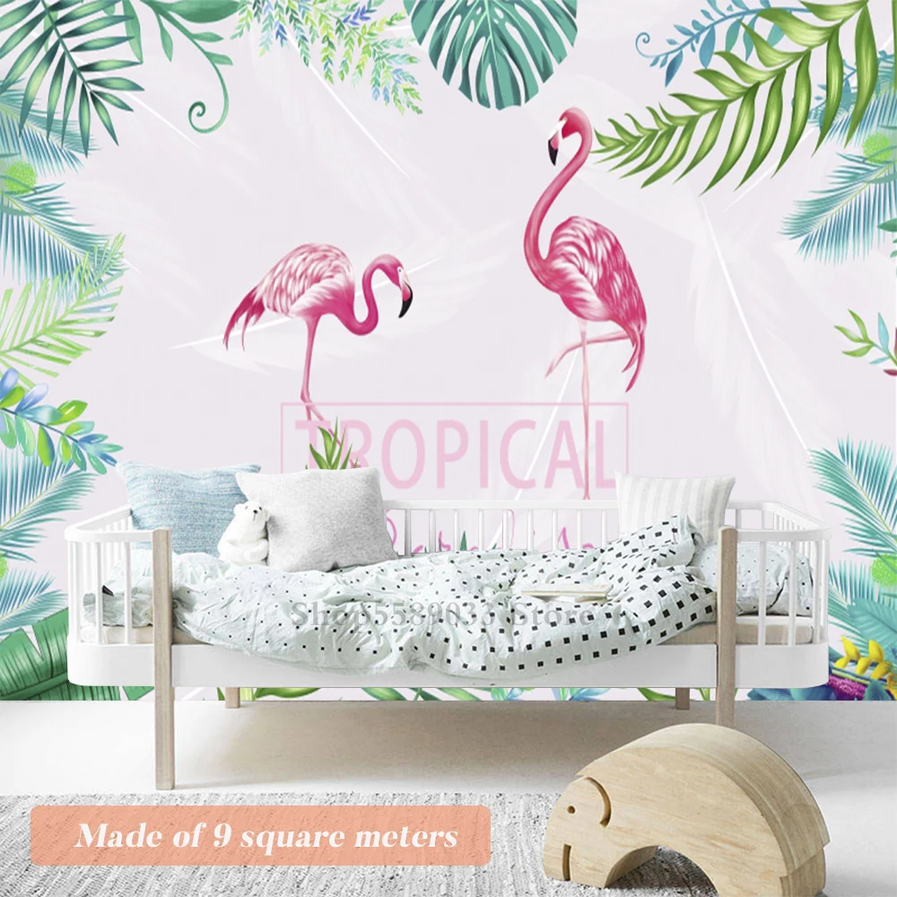 

Tropical Leaves Flamingo Wall Mural Children Girl Room Warm Decoration Nordic Design Bedroom Background Wallpaper 3D Size Custom