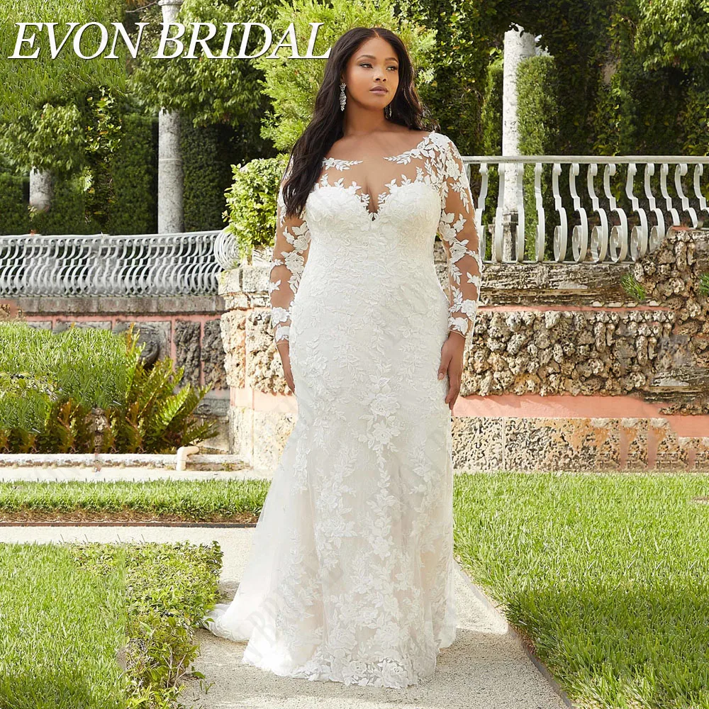 EVON BRIDAL Oversize  Wedding Dresses A-Line Appliques Long Sleeve Bridal Gowns Mermaid Backless Button Back Bride Dress 2024 3
