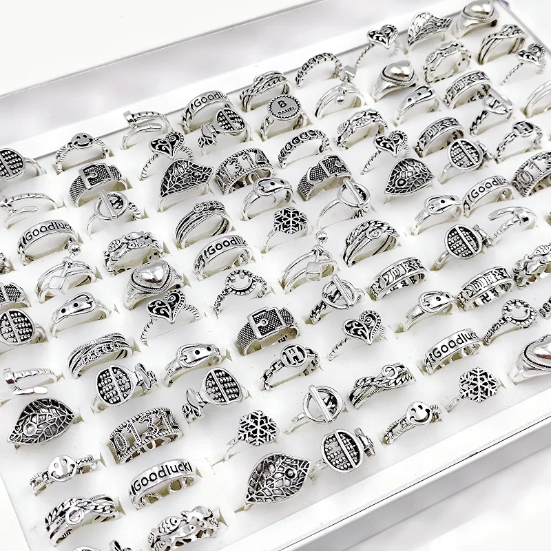 

50Pcs/Lot Wholesale Vintage Bohemian Smile Heart Open Rings for Men Women Mix Style Antique Silver Knuckle Jewelry Party Gifts