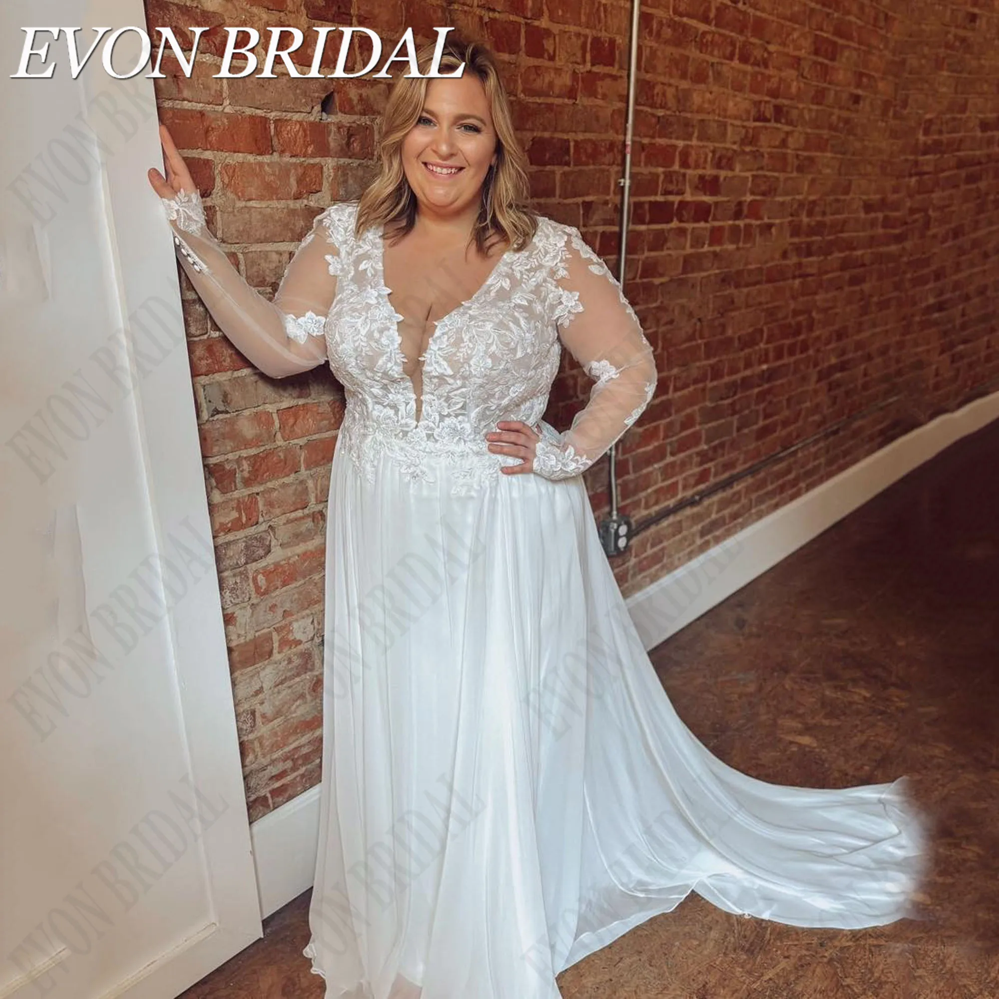 

EVON BRIDAL Chiffon Backless Wedding Dresses Plus Size V-Neck Long Sleeves Applique A-Line Bride Gowns Vestidos De Novias 2024