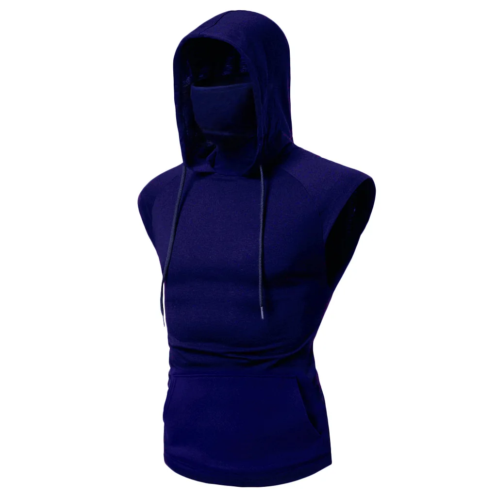 

Men's Gym Hoodie Sleeveless with Mask Sweatshirt Hoodies Casual Splice Large Open-Forked Male Clothing Mask Button Sports Hooded