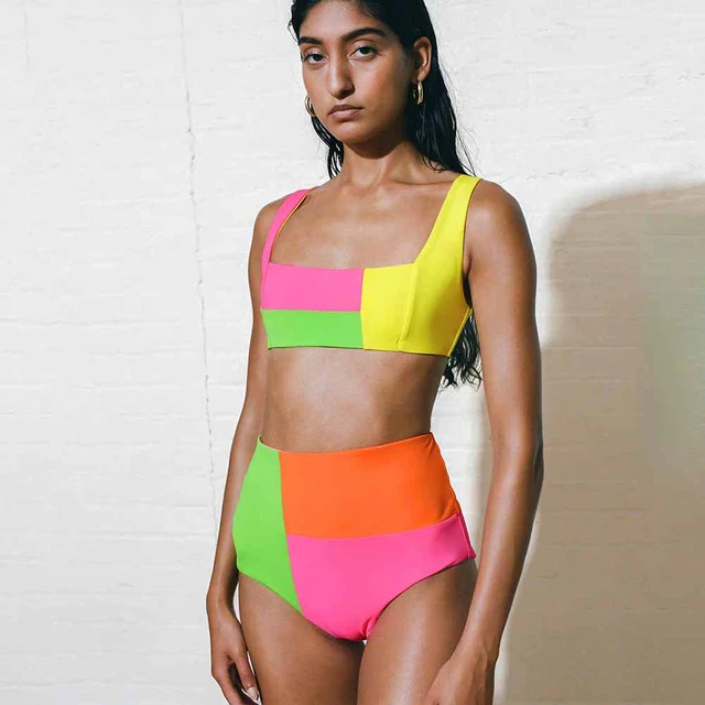 Fluorescent Color Block Beach Bikini High Waist Tummy Split Swimsuit Slim  Sexy Beachwear Suspender Square Neck Retro Swimwear - AliExpress