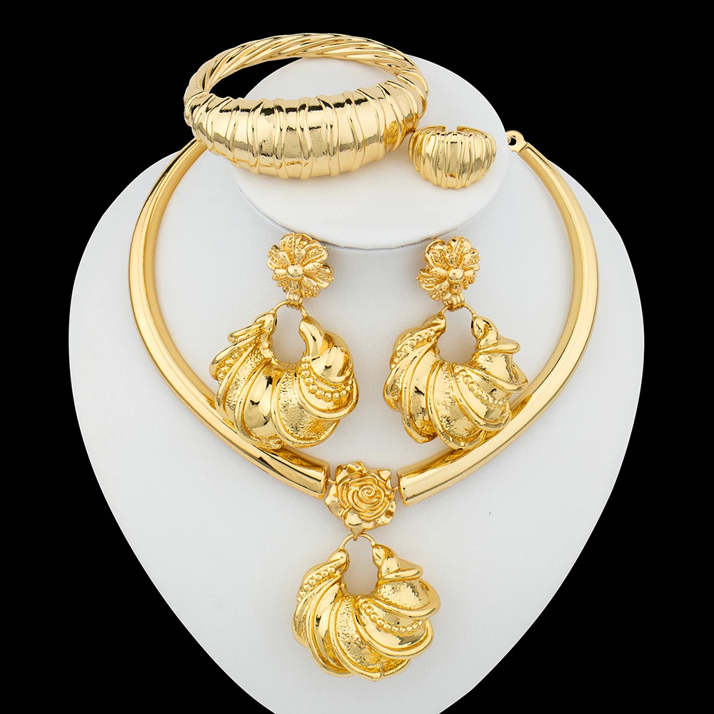 African Gold Plated Jewelry Set Unusual Pendant Necklace and Earrings Bridal Accessories Women Brazilian Party Bracelet Jewelry