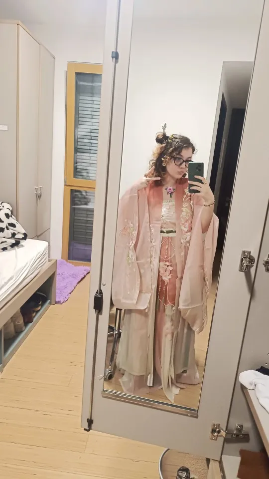 【 落云花 】Tang Made Ancient Chinese Style Double Layers Big Sleeve Shirt Straight Train Waist-Length Dress Hanfu Suit photo review