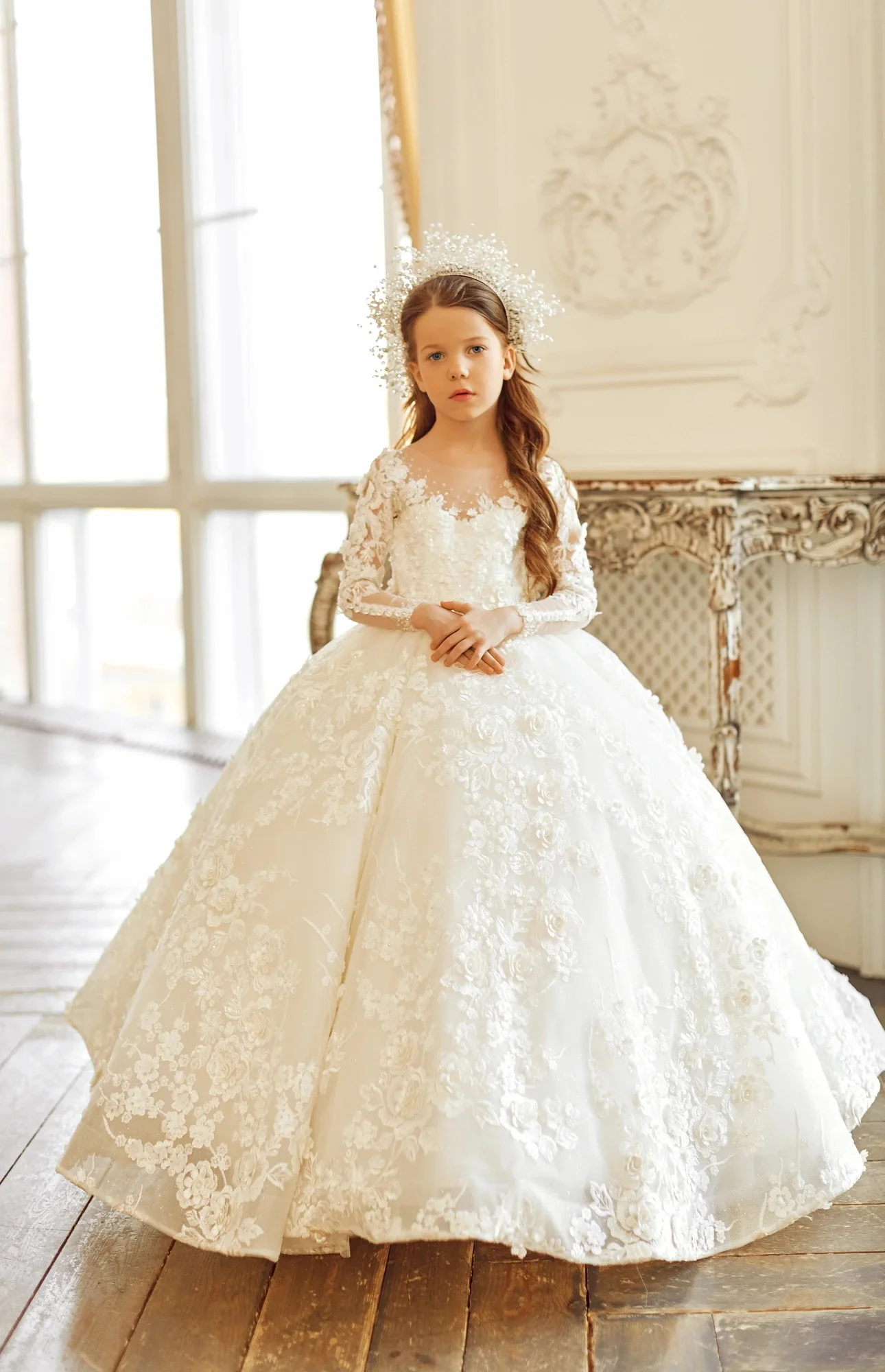 Fényűzés stv Ingujj virágos Elárusítónő dresses számára esküvői báli Félfogadás lányok Díszfelvonulás gowns csipkével Virágos applique gyerekeknek szülinapi ruhát