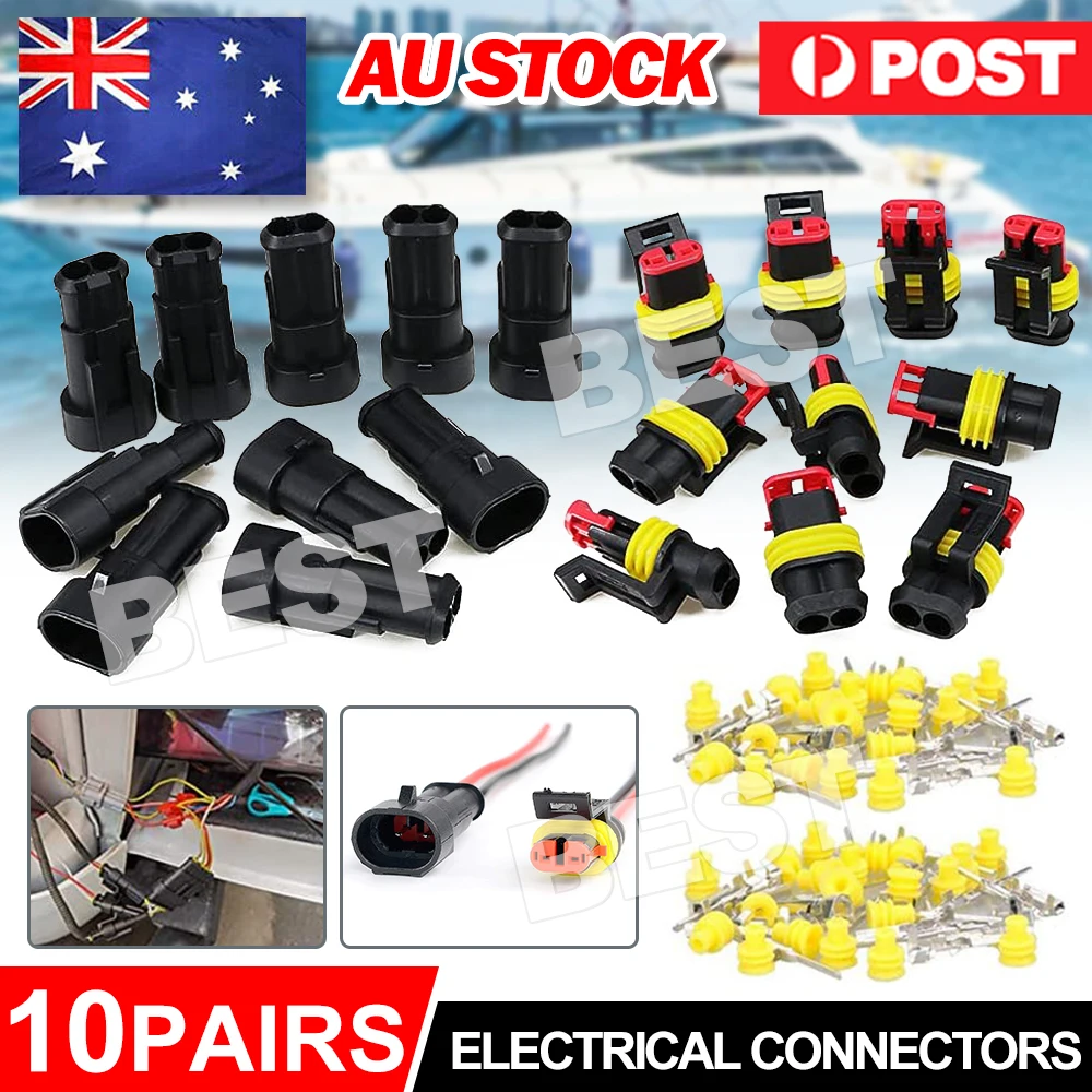 10 Set 2 Pin Waterproof Car Electrical Wire Sealed Connector Plug Cable 12V AU