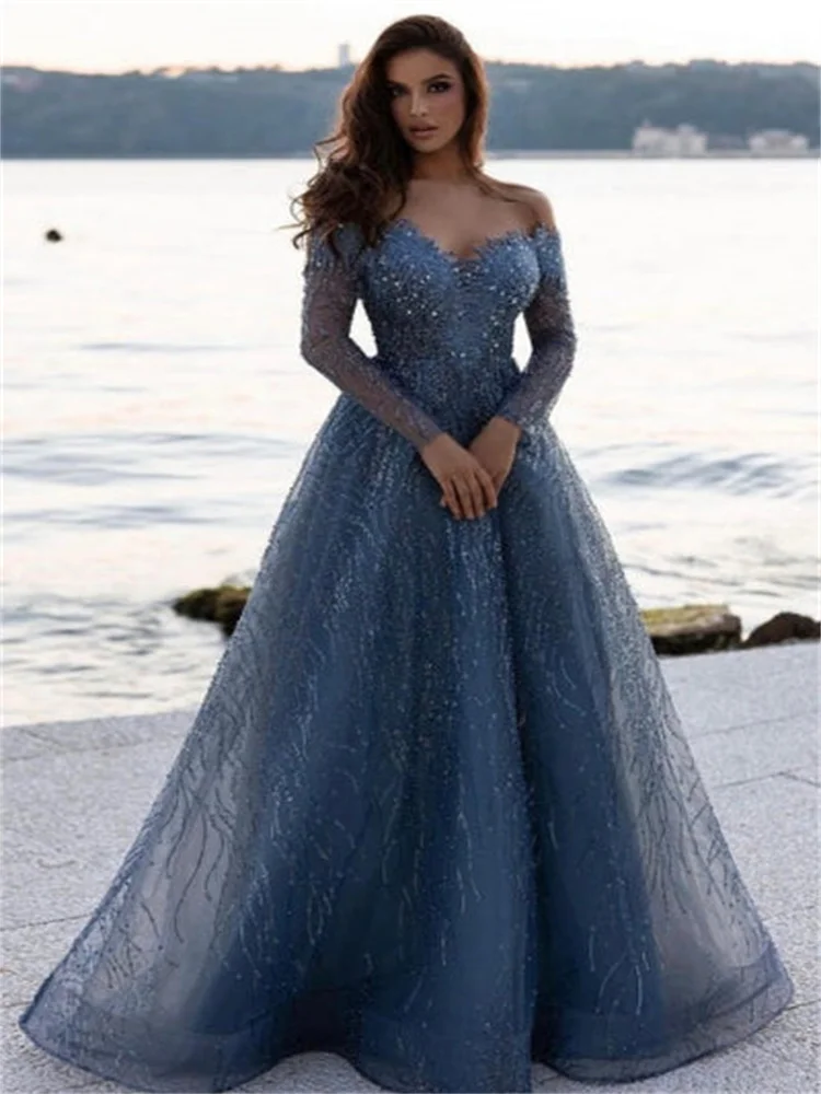 Grey-Blue Sequined A-Line Long-Sleeve Sweetheart Ball Dress