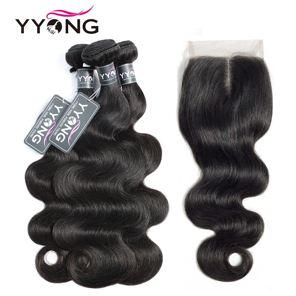 Yyong Body Wave Bundles With Closure Malaysian Hair 3/4 Bundles With Lace Closure 4x4 Remy Weaves Human Hair Bundle With Closure