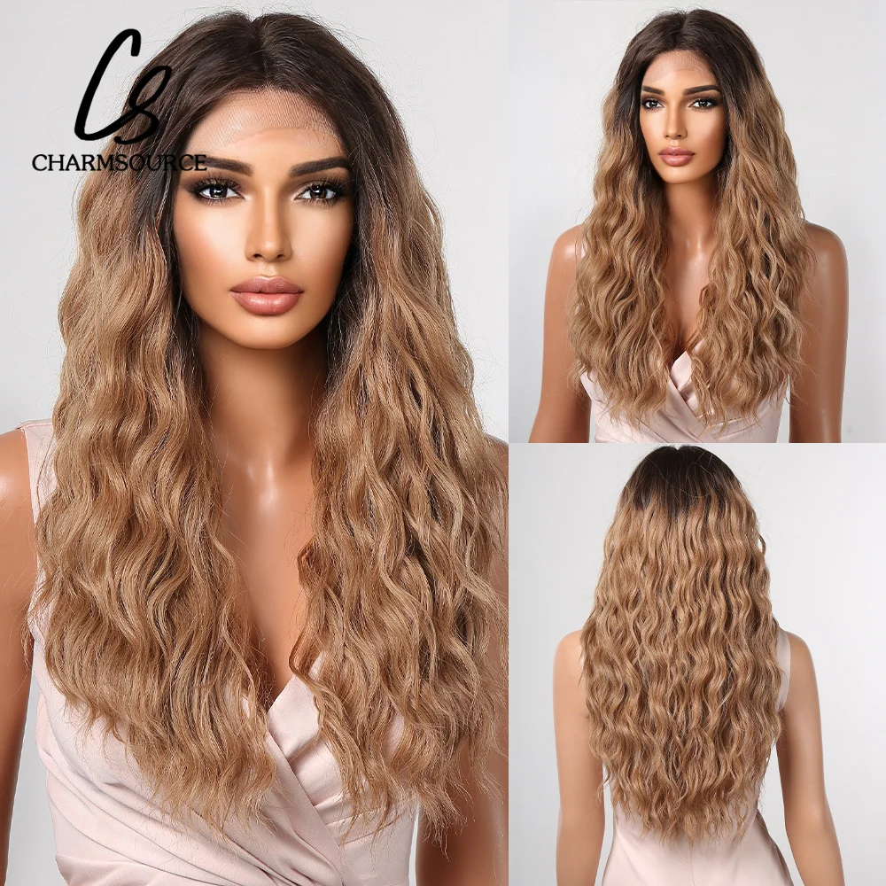 

CharmSource Synthetic Lace Wig Brown Ombre Lace Front Wigs Long Curly Wavy with Dark Root Wigs for Women Daily Cosplay Glueless