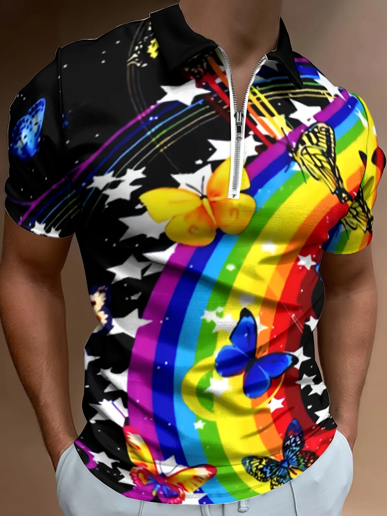 Plus size men's top lapel pullover polo 3D printed rainbow butterfly pattern trendy fashionable casual summer top