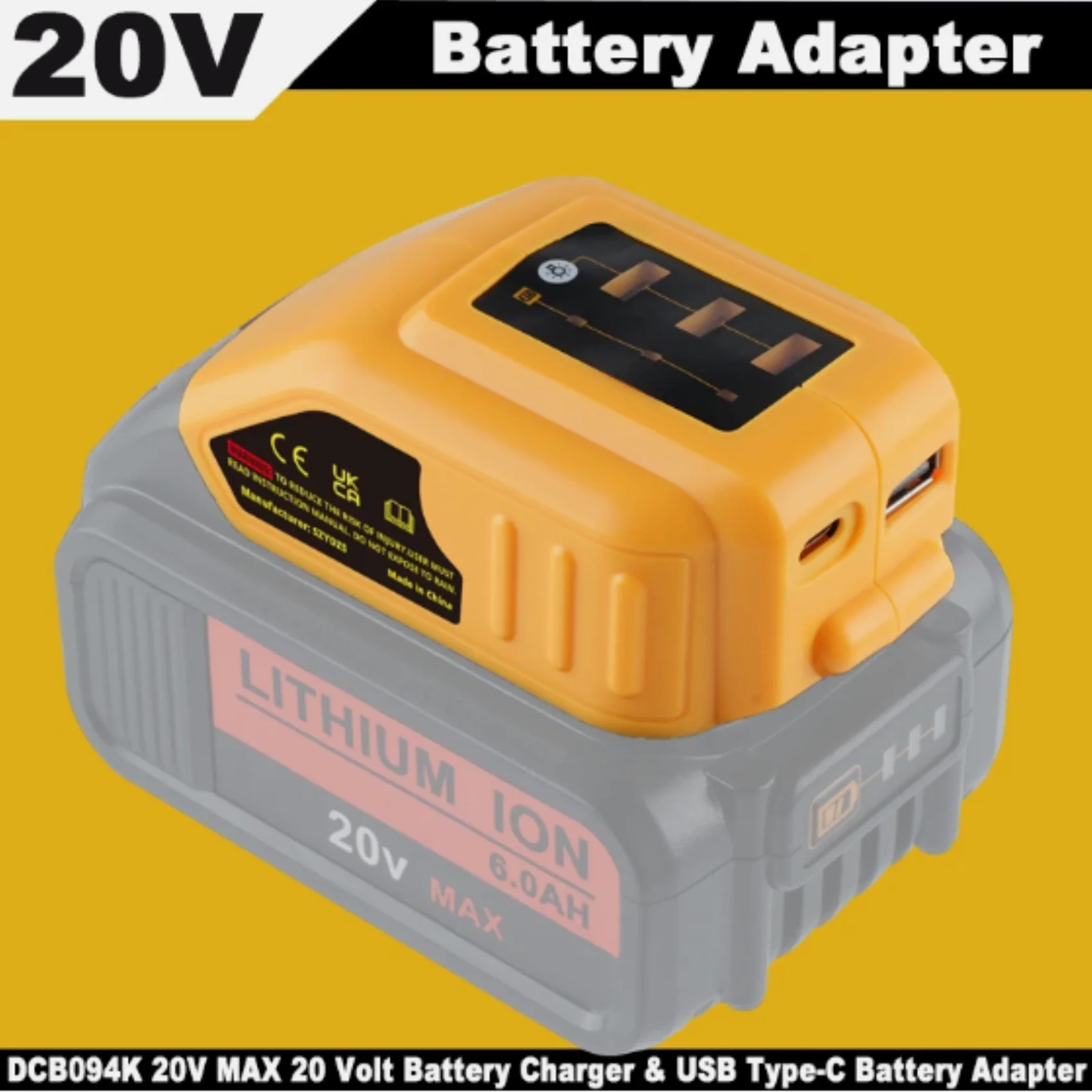 Zamiennik ładowarki akumulatorów Dewalt DCB090 USB, adapter zasilania 12V 20V, przenośny adapter z dwoma portami Type C/USB