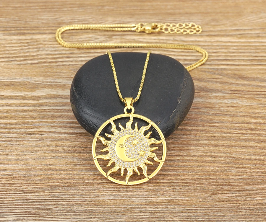 AIBEF Light Of Star And Moon Sun Shape Pendant Women Necklace Copper Zircon Western European Style Jewelry Popular Romantic Gift