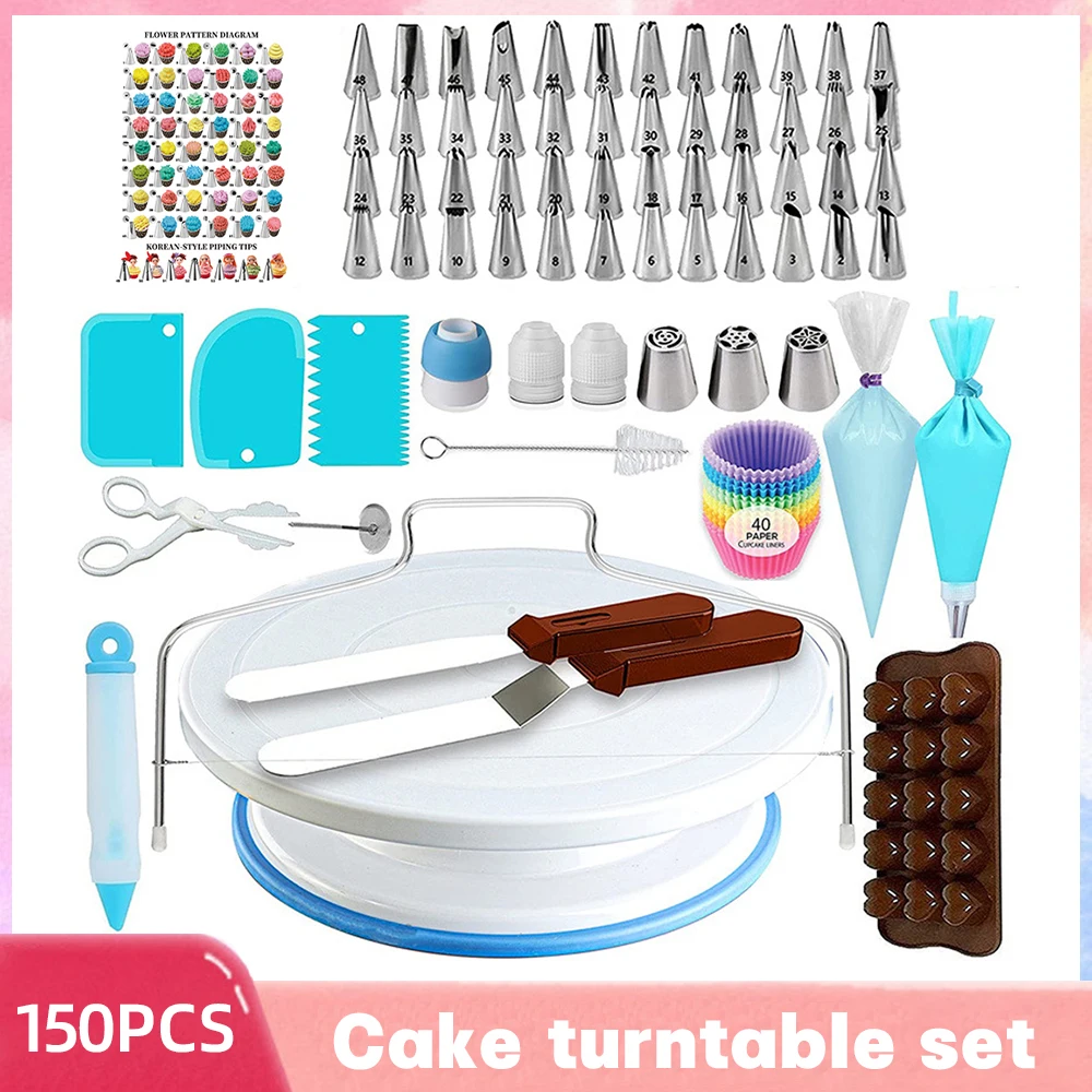 150/200PCS Rotating Anti-slip Cake Decorating Turntable Set Pastry Reusable Silicone Pastry Bag Stainless Steel Piping Nozzle cake turntable baking supplies cake tools cake decorating kit rotating bearing turntable