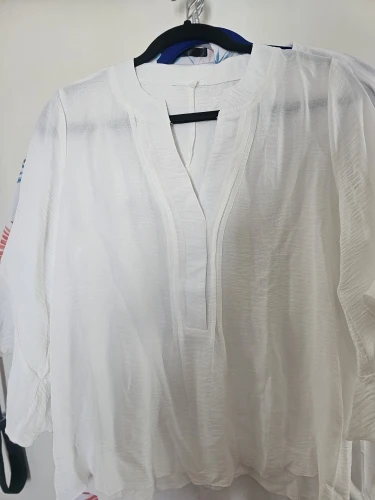 Women Summer Style Blouses Shirts Lady Casual Short Puff Sleeve V-Neck Solid Color Blouse Tops photo review