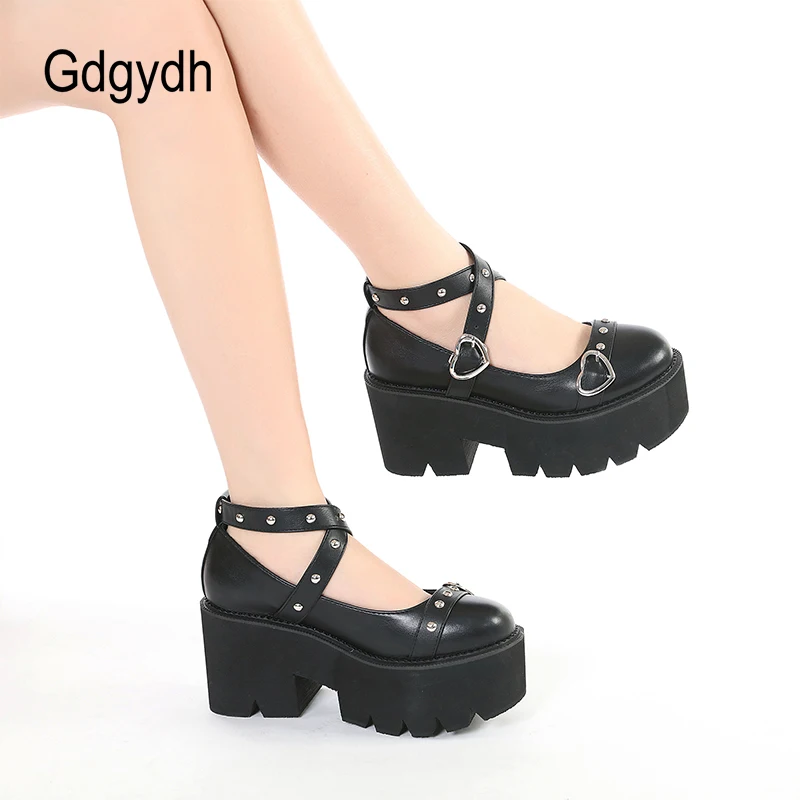 Gdgydh Gothic Lolita Shoes Platform Mary Janes for Women Round Head Thick Heel Cross Bandage Heart Buckle Kawaii Shoes Cosplay