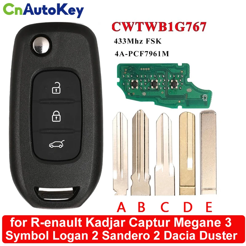 

CN010075 CWTWB1G767 Flip Remote Key for Renault Kadjar Captur Megane 3 Symbol Logan 2 Sandero 2 Dacia Duster 433MHz PCF7961M 4A