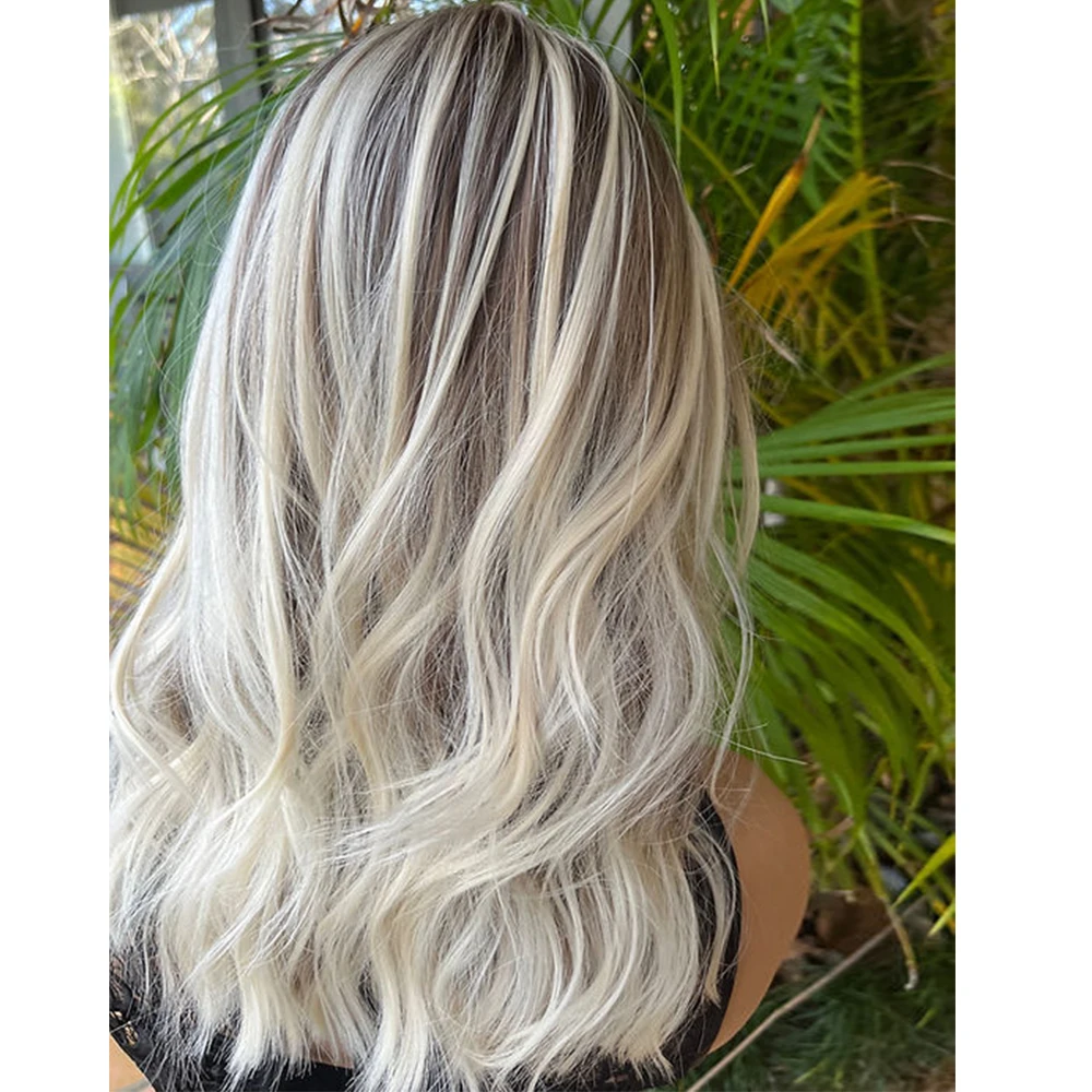 Light Blonde Balayage Synthetic Wigs 14" Wavy Humam Hair Blend Light Brown Root Beautiful Heat Friendly Fibres Lace Front wigs lace frontal wig synthetic blend wigs