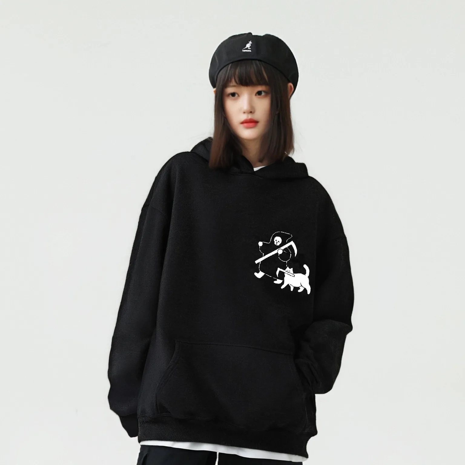 Humor Fans Cotton Hoodie Grim Reaper Cat Pattern Casual Loose Long Sleeved Autumn Funny Amusing Entertaining Comfortable Top