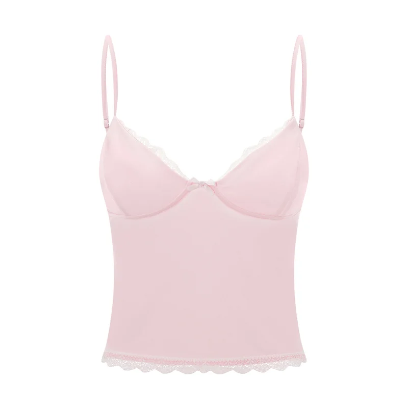 y2k Lace Trim Crop Top Women Summer Sexy V Neck Spaghetti Strap Sleeveless Tanks with Bow 2000s Clothing Streetwear