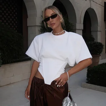 Women's Summer Loose Short-Sleeved T-Shirt Round-Neck Tops Slimming And Hottie Design Sense Cinched Waist Solid Streetwear Top 1