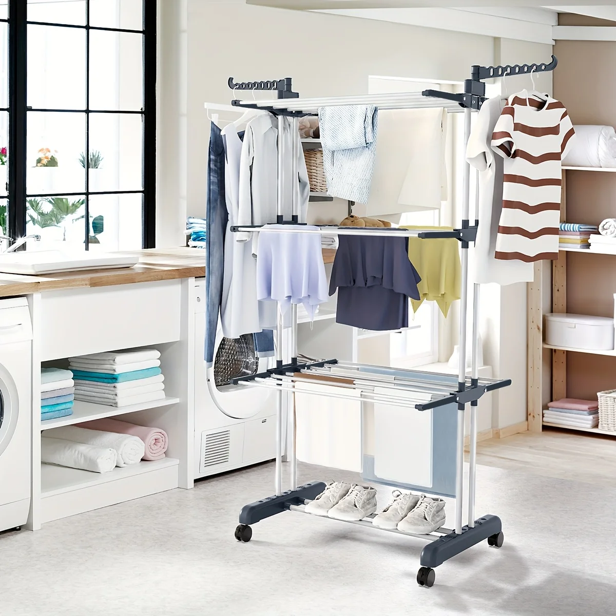 Clothes Drying Rack,4-Tier Foldable Stainless Steel Drying Rack Clothing, Movable Drying Rack 4 castors,for Bed Linen,Clothing 3