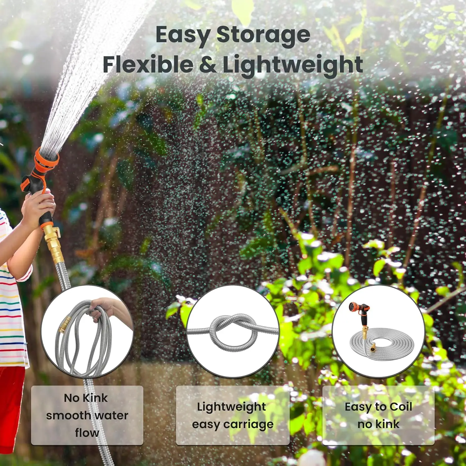 Giraffe Tools 5/8" Garden Hose, 304 Stainless Steel Metal Water Hose, No Kink Garden Water Hose with 9 Pattern Spray Nozzle 3