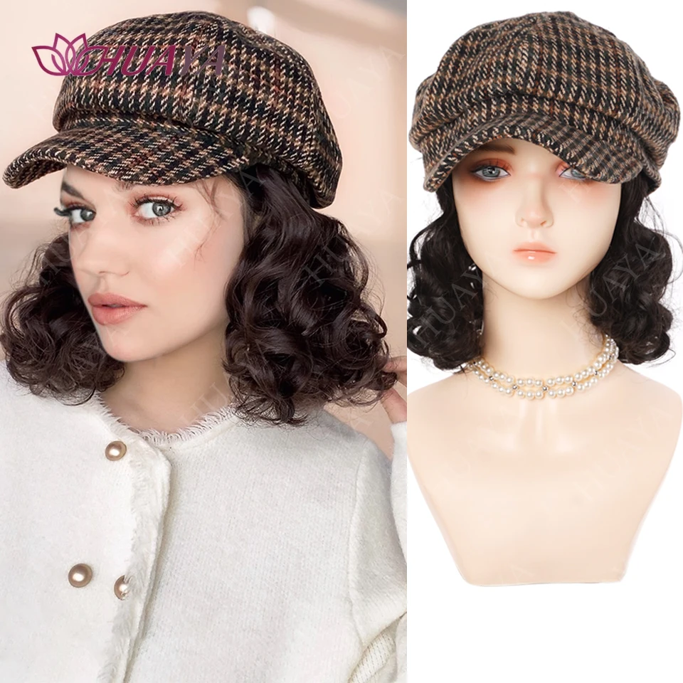 Synthetic Short Curly Wave Hat Wig for Women Fashion Beret Hair Extensions Autumn Winter Women Hat Wig Accessories