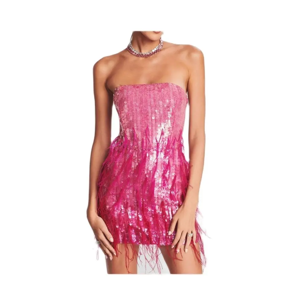 Luxury plus size glitter sequin feather pink cocktail dress sexy club