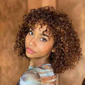 Highlight 4/27 13*4 Jerry Curly Wig With Bangs Brazilian Virgin Human Hair No Lace Front Wigs Omber Human hair Wig 1