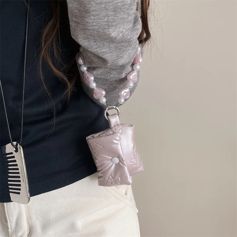 Korean Cute Bow Soft Puffer Down Earphone Bag with Chain