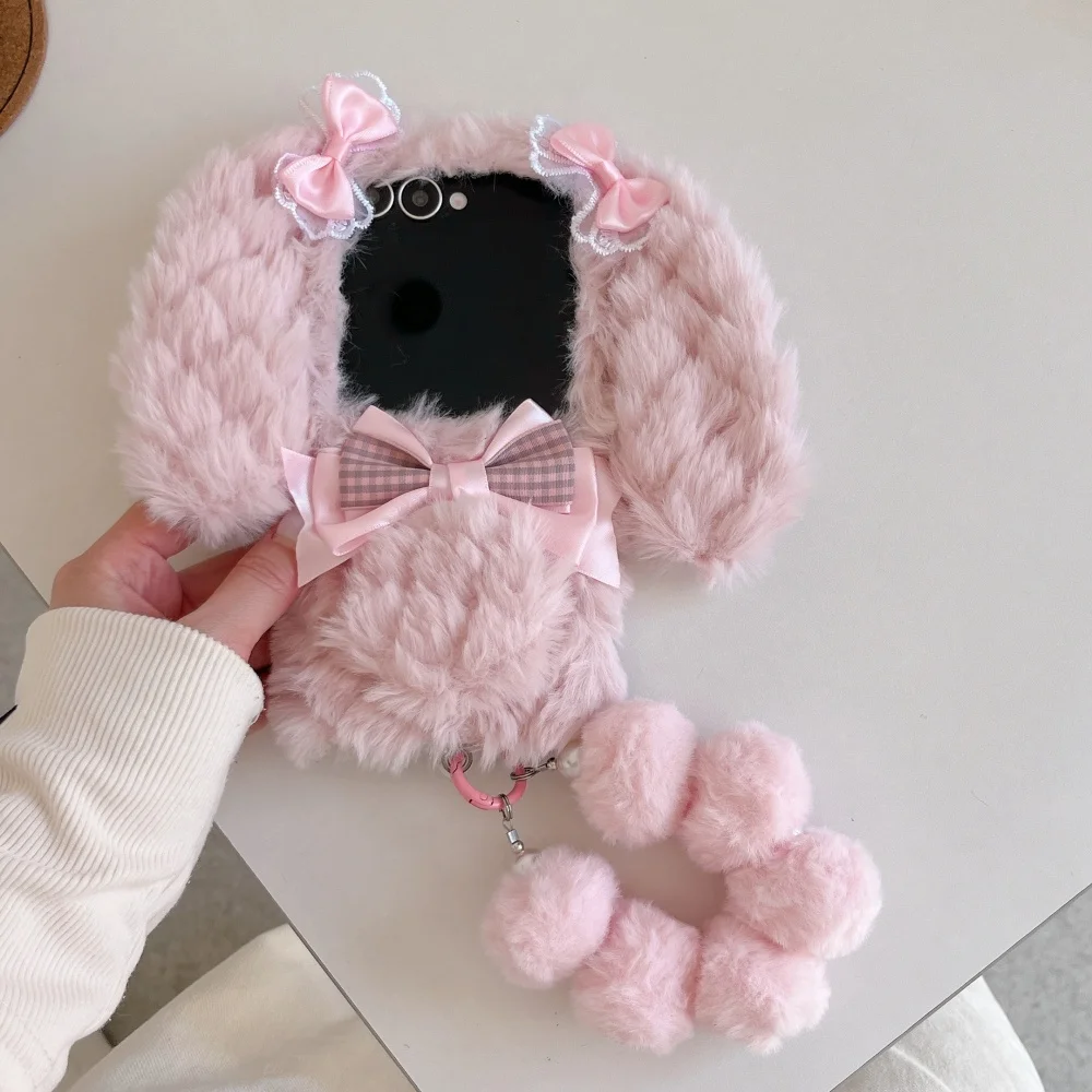 Chic Plush Plaid Bow Bunny Phone Case - Fashionable Shockproof Protection