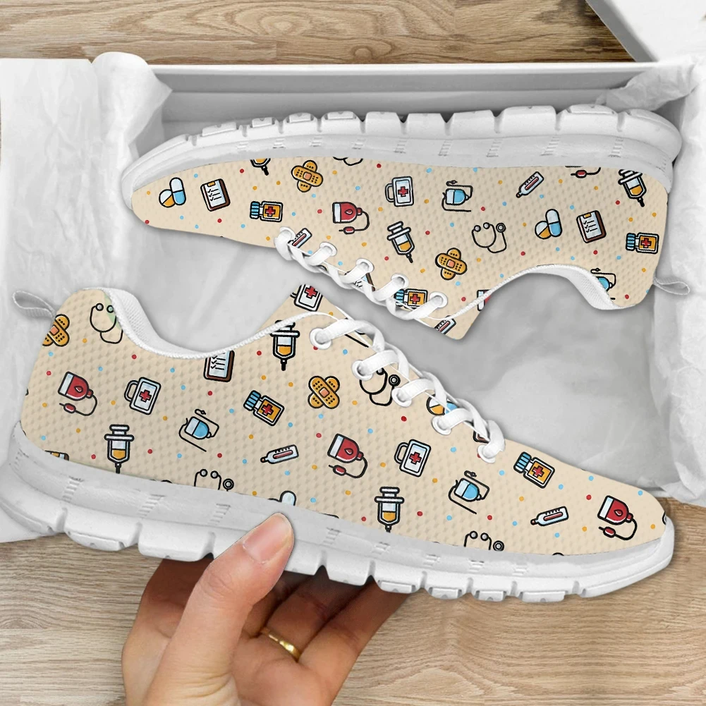 

Woman Nursing Shoes Medical Tool Pattern Lace-up Casual Sneakers for Ladies Dirt Resistant Comfort Breathable Flat Shoes Fashion