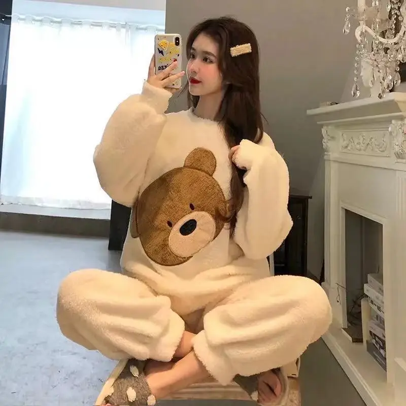 Winter Pajamas Set for Women Pullover Cute Soft Girl/kids flannel Pyjamas Set Warm Long-sleeved Trousers пижама женская комплект - Image 3