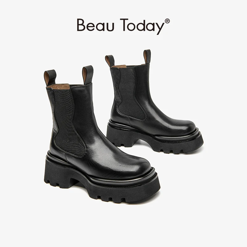 BeauToday-앵클 첼시 부츠 라운드 토 스트레치 패브릭 스퀘어 힐, 송아지 가죽 플랫폼 캐주얼 가을 숙녀 신발 03A14