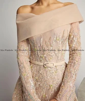 Nude Color Sequin Evening Dresses Off The Shoulder Beading Long Sleeves Tulle A Line Slit Floor Length Formal Prom Party Gowns - Image 6