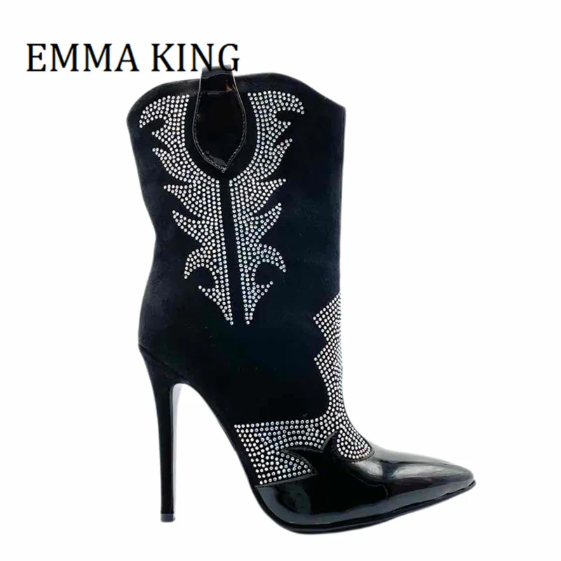 

Fall Winter Women Rhinestone Stiletto Bootie Female Sexy Pointed Toe Crystal Ankle Boots Bling Banquet Zipper Booties Shoes