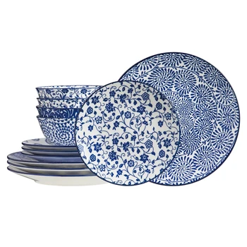 12-Piece Plates & Bowls Dish Set for 4 – Scratch Resistant, Dishwasher & Microwave Safe, Vintage Blue 1