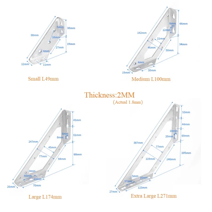4Pcs Stainless Steel Triangle Corner Brace Bracket Shelf Supports Bed Chair Connecting Matte Black