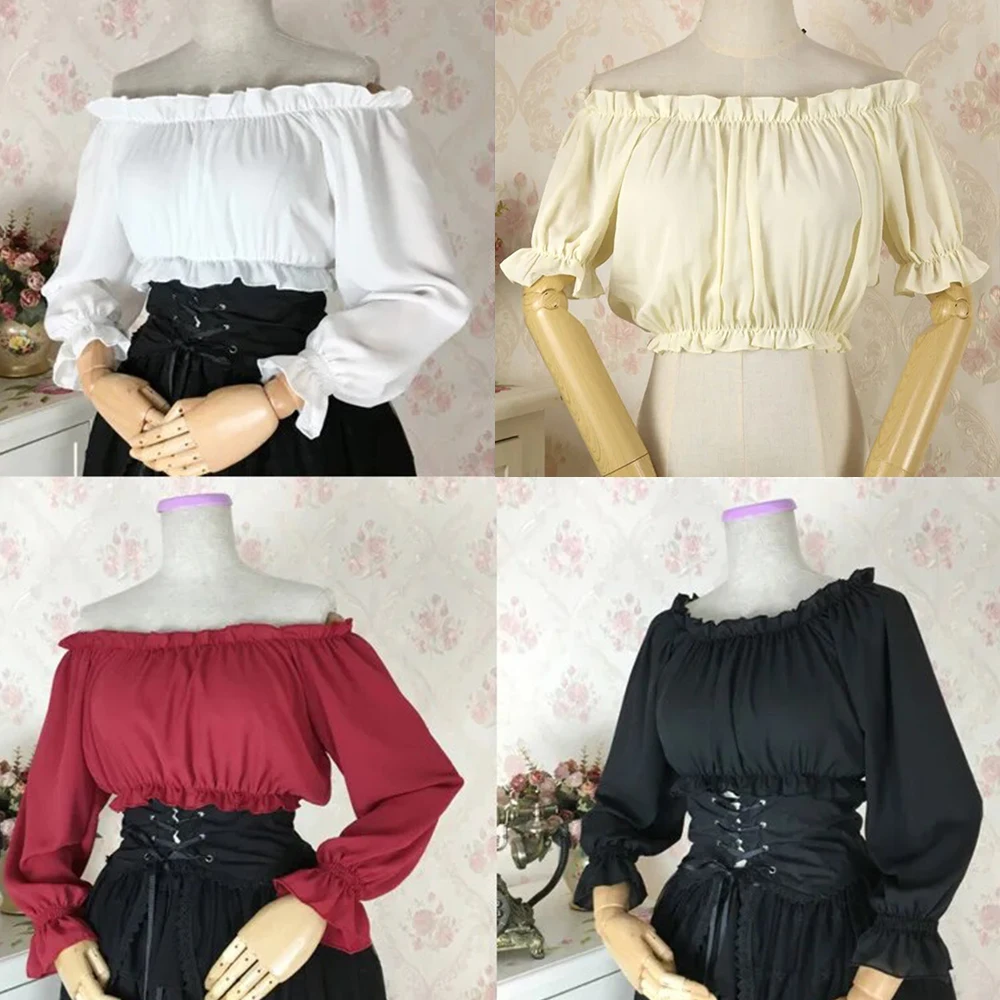 

Renaissance Blouse Peasant Ladies Victorian Off Shoulder Sleeves Chiffon Shirt Boho Corset Top Retro Medieval Cosplay Costume