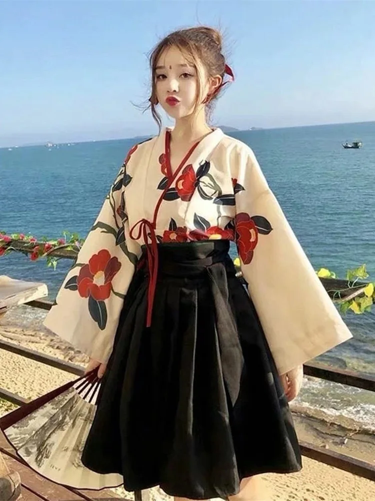 2023 Japanese Style Floral Print Dress Cosplay Long Kimono Skirt Kawaii Clothing Girls Party Robe Set Vintage Costume Asian