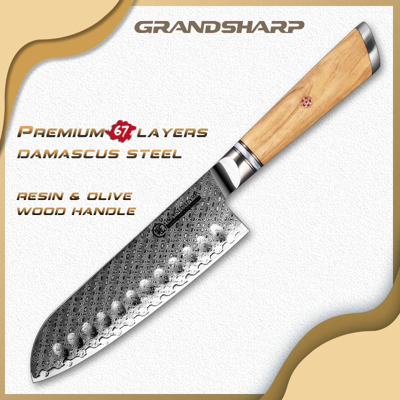 

Grandsharp Japanese Kitchen Knives Santoku Knife 7 Inch AUS-10 Damascus Steel 67 Layers Cooking Tools Sashimi Filleting Slicer