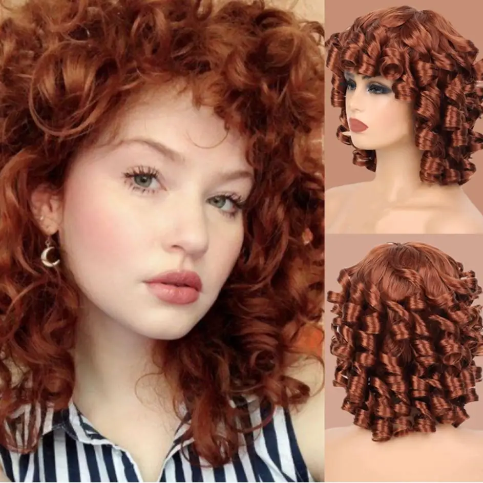

Wigera Synthetic Copper Red Loose Curly Black Women Afro Weird Curly Wig With Bangs Heat Resistant Hair Fluffy Elastic Bob Wig