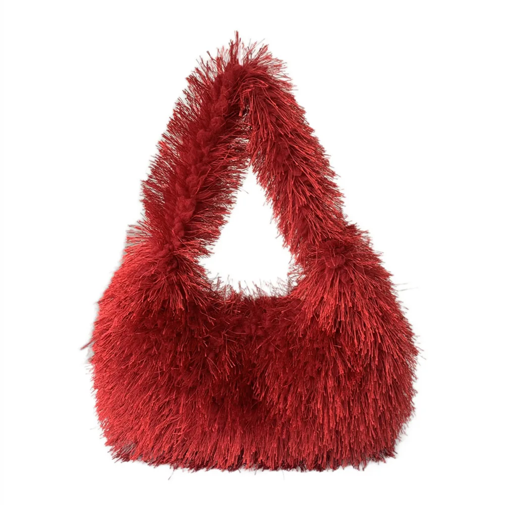 Fuzzy Soft Plush Neon Red Fluffy Hobo Bag For Girls Women College Students Candy Color Cute And Fashionable Small Square Bag