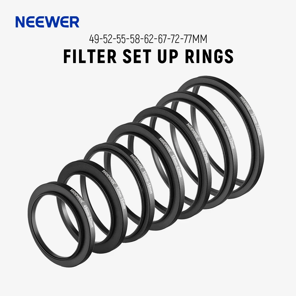 

NEEWER 7 шт. повышающие кольца адаптер фильтра, 49-52 мм, 52-55 мм, 55-58 мм, 58-62 мм, 62-67 мм, 67-72 мм, 72-77 мм Резьбовые Премиум