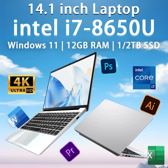 Ordinateur portable Intel Core i7 8650U Windows 11 Pro 12 Go DDR4 1 To 512 Go 2 To SSD Ordinateurs portables de jeu 14,1 pouces Ordinateur portable PC Gamer Bureau 1920*1080 HD 1